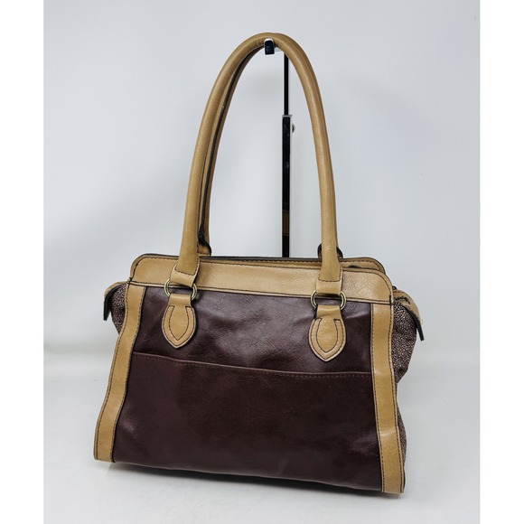 London Fog Two tone Faux Leather Satchel Brown Beige‎ Shoulder Bag - Picture 5 of 16